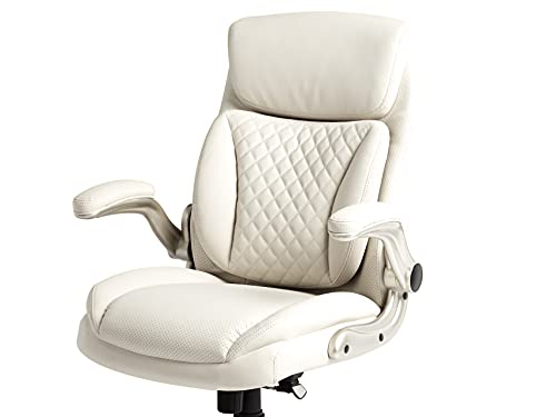 Ergonomic Desk Office Chair, Flip-up Armrests, Adjustable Height, Cream Leather