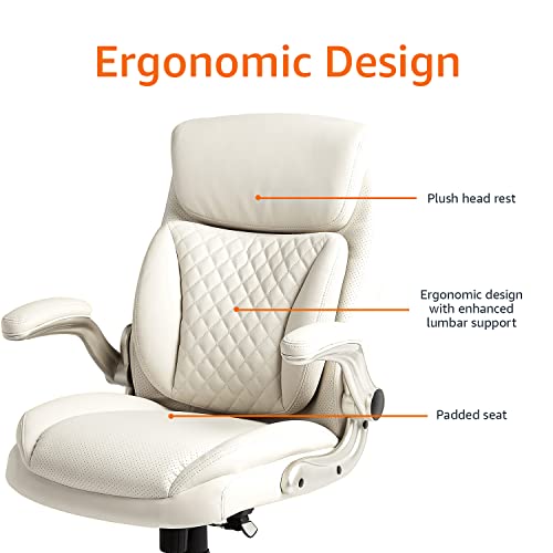 Ergonomic Desk Office Chair, Flip-up Armrests, Adjustable Height, Cream Leather