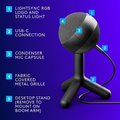 Logitech G Yeti Orb Condenser RGB Gaming Microphone with LIGHTSYNC, USB Mic for Streaming, Cardioid, USB Plug and Play for PC/Mac - Black