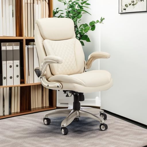 Ergonomic Desk Office Chair, Flip-up Armrests, Adjustable Height, Cream Leather