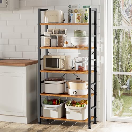 Book Shelf, 5 Tier Bookcase, Modern Tall Bookshelf for Garage Kit, CDs, Movies, Industrial Corner Storage Organizer for Bedroom Home Office Kitchen Living Room, Rustic Brown