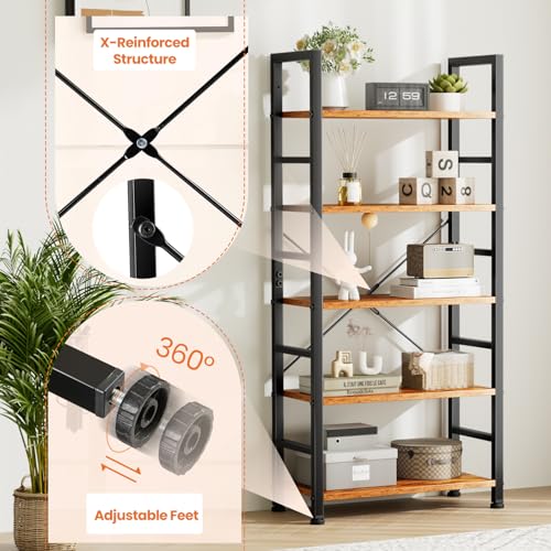 Book Shelf, 5 Tier Bookcase, Modern Tall Bookshelf for Garage Kit, CDs, Movies, Industrial Corner Storage Organizer for Bedroom Home Office Kitchen Living Room, Rustic Brown