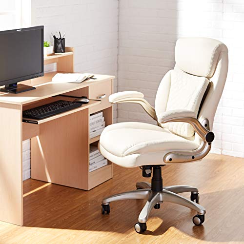 Ergonomic Desk Office Chair, Flip-up Armrests, Adjustable Height, Cream Leather