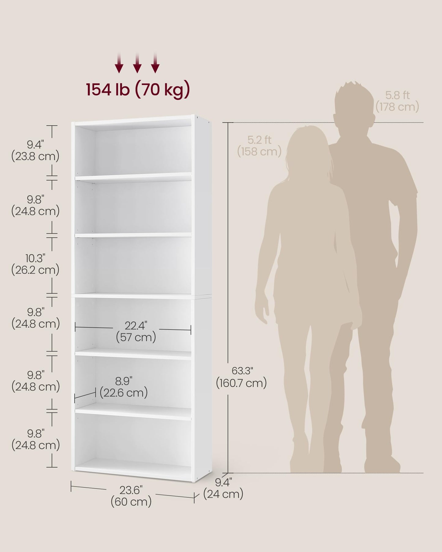 Bookshelf, 23.6 Inches Wide, 6-Tier Open Bookcase with Adjustable Storage Shelves, Floor Standing Unit, Cloud White