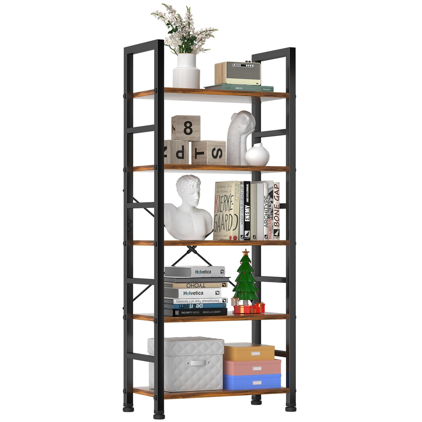 Book Shelf, 5 Tier Bookcase, Modern Tall Bookshelf for Garage Kit, CDs, Movies, Industrial Corner Storage Organizer for Bedroom Home Office Kitchen Living Room, Rustic Brown