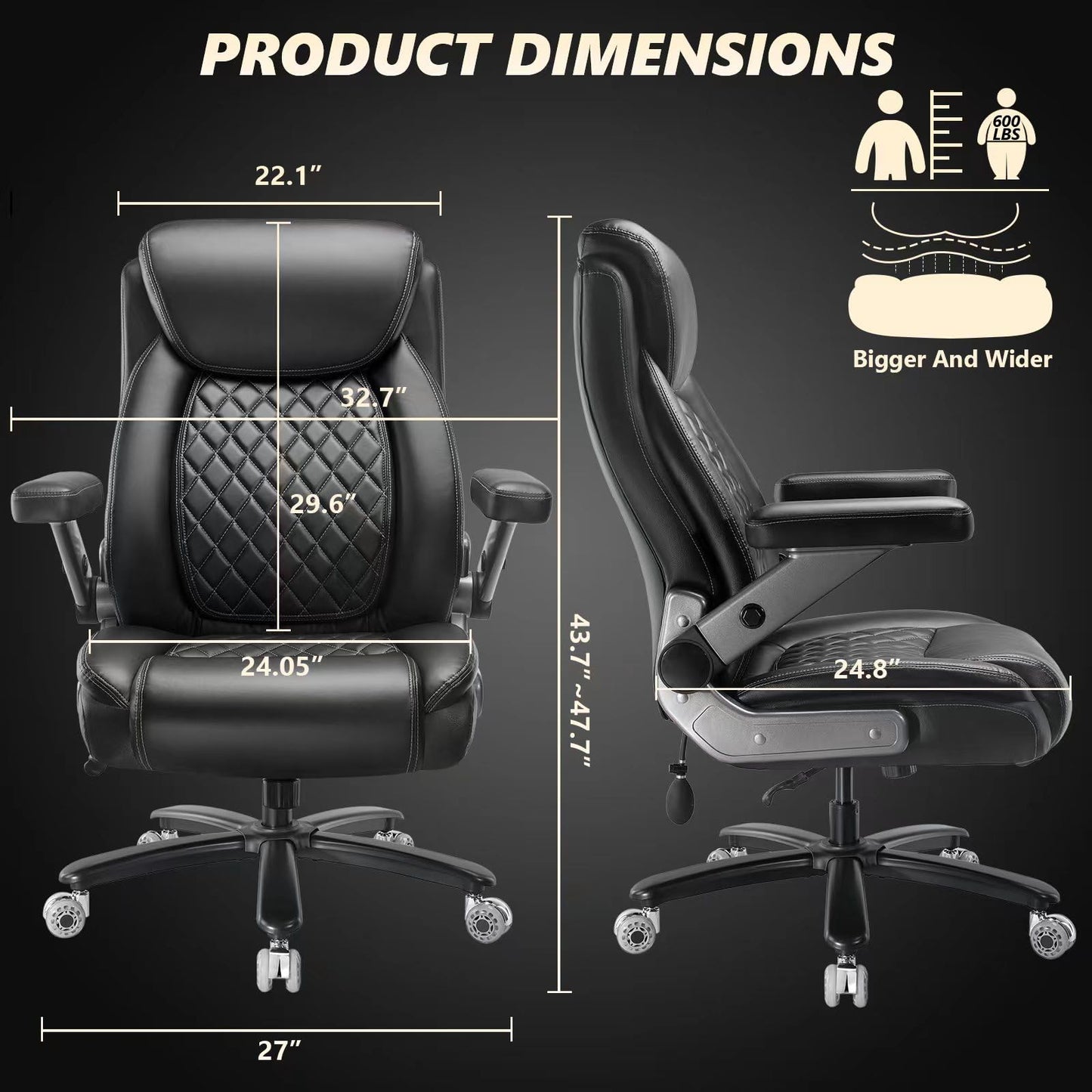 600LBS Large Heavy Duty Office Chair with 5D Flip Arms, Big and Tall Office Chair with Pocket Spring Cushion, Extra Wide Office Chair with Adjustable Lumbar Support,Dual Rubber Wheel