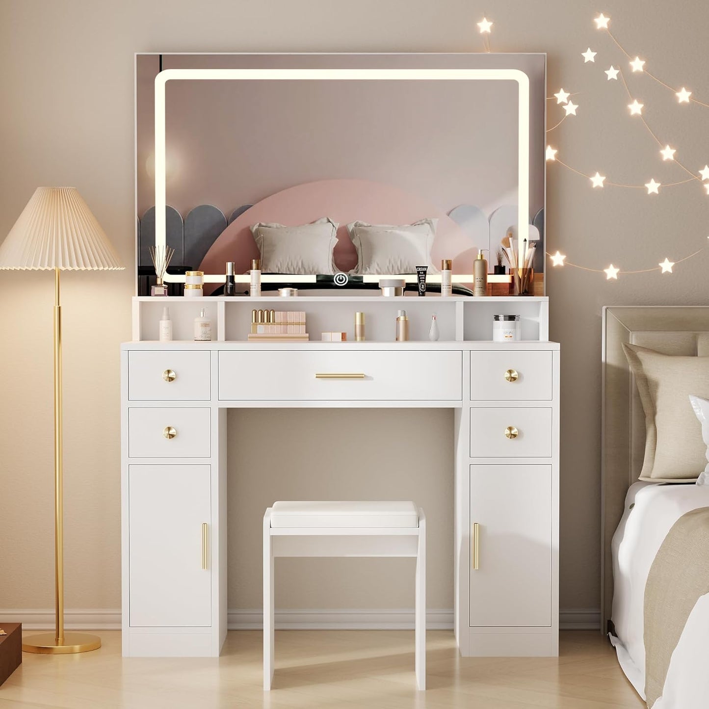 Makeup Vanity & Lighted Mirror, Vanity Desk with Power Strip, Adjustable Lighting, 4 Drawers, and Cushioned Stool for Bedroom, Dressing Room, Ivory