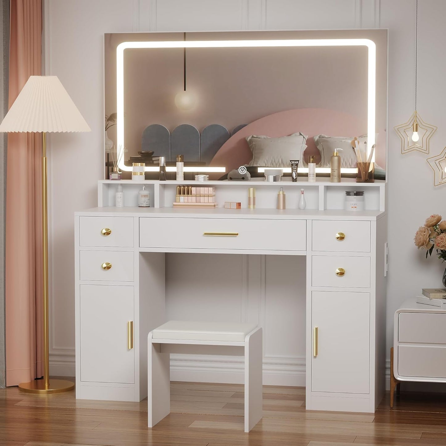 Makeup Vanity & Lighted Mirror, Vanity Desk with Power Strip, Adjustable Lighting, 4 Drawers, and Cushioned Stool for Bedroom, Dressing Room, Ivory