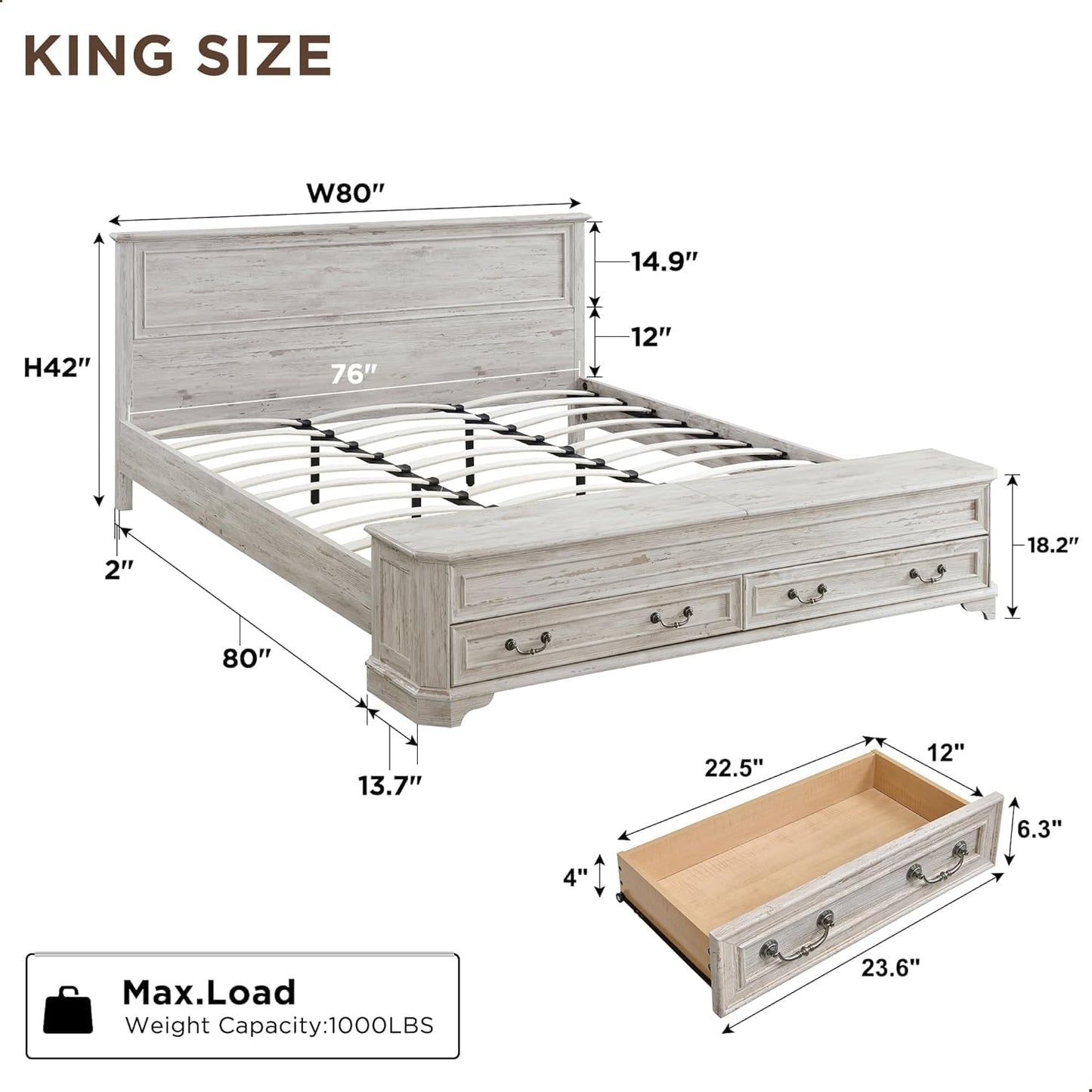 Full - Farmhouse Bed with Headboard and Storage Bench - Rustic Wood Platform Bed with 58" Storage Chest and 4 Large Drawers, Distressed White