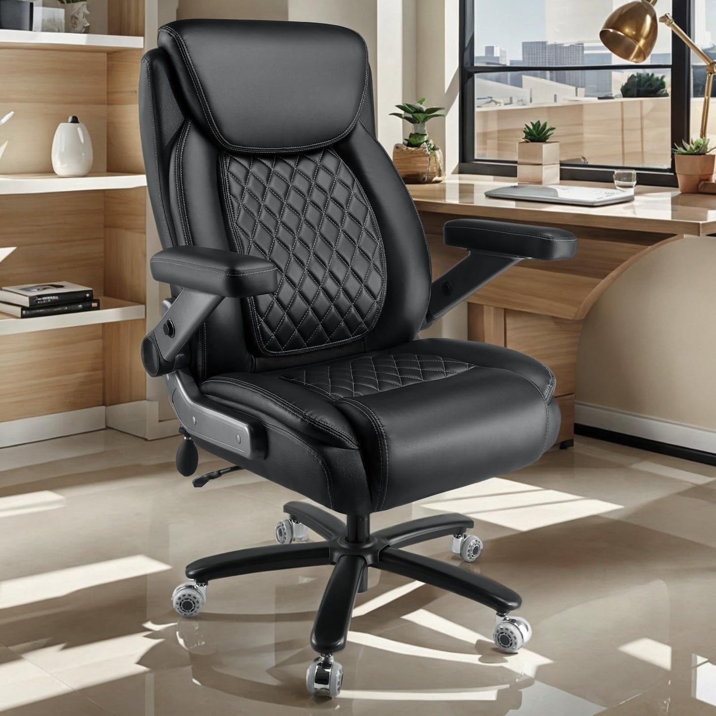 600LBS Large Heavy Duty Office Chair with 5D Flip Arms, Big and Tall Office Chair with Pocket Spring Cushion, Extra Wide Office Chair with Adjustable Lumbar Support,Dual Rubber Wheel