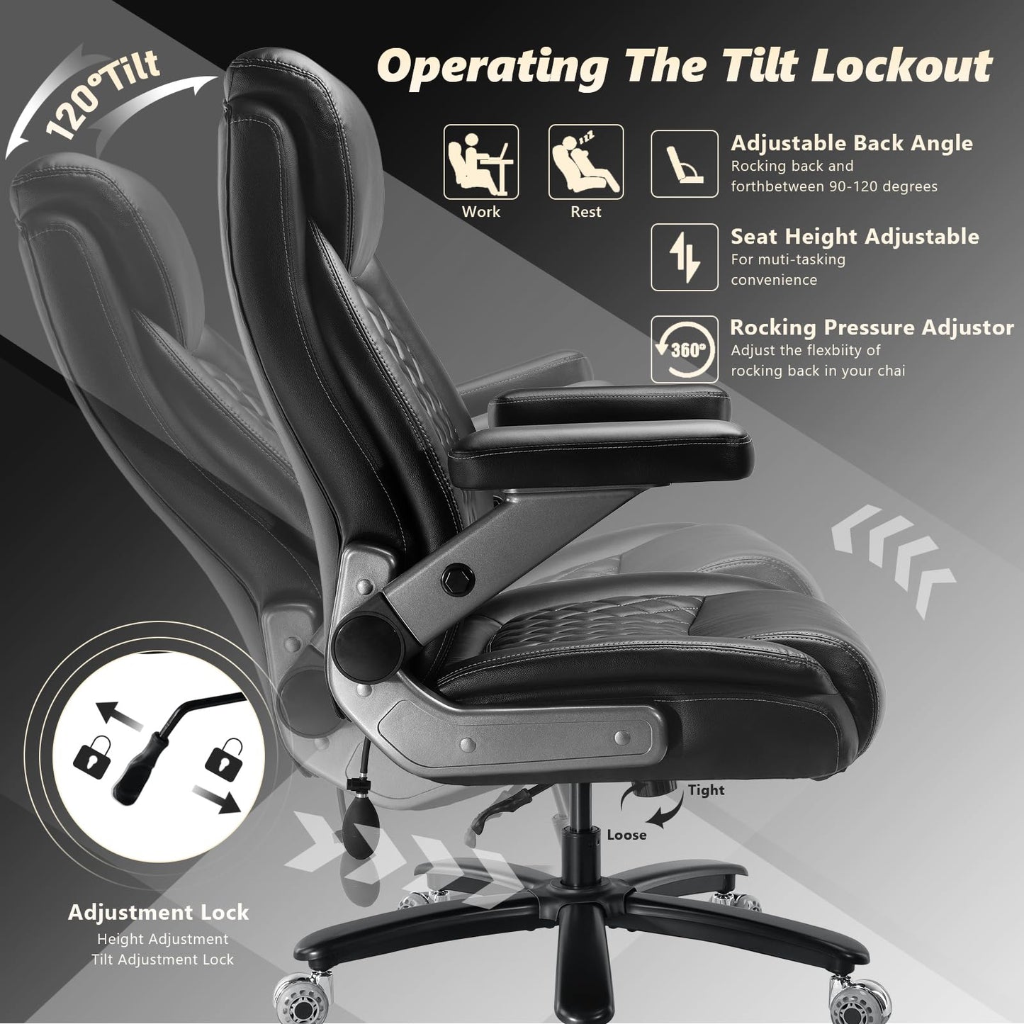 600LBS Large Heavy Duty Office Chair with 5D Flip Arms, Big and Tall Office Chair with Pocket Spring Cushion, Extra Wide Office Chair with Adjustable Lumbar Support,Dual Rubber Wheel