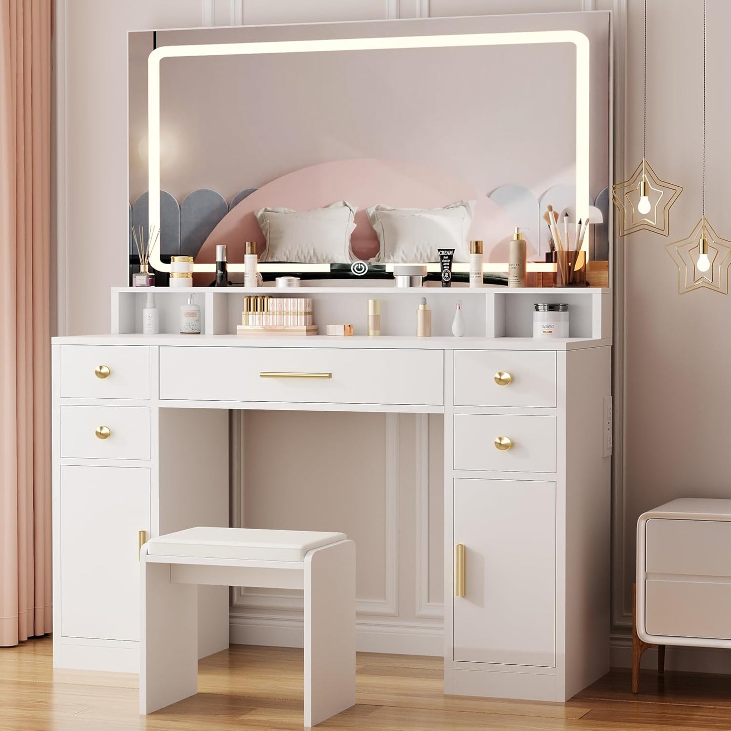 Makeup Vanity & Lighted Mirror, Vanity Desk with Power Strip, Adjustable Lighting, 4 Drawers, and Cushioned Stool for Bedroom, Dressing Room, Ivory