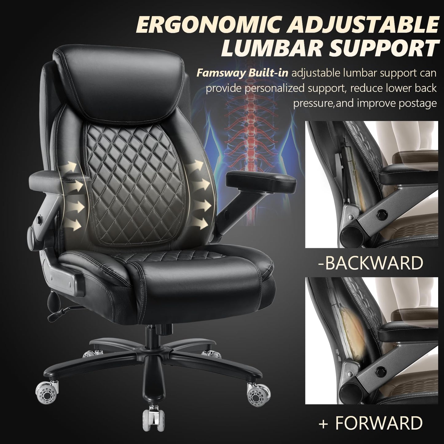 600LBS Large Heavy Duty Office Chair with 5D Flip Arms, Big and Tall Office Chair with Pocket Spring Cushion, Extra Wide Office Chair with Adjustable Lumbar Support,Dual Rubber Wheel