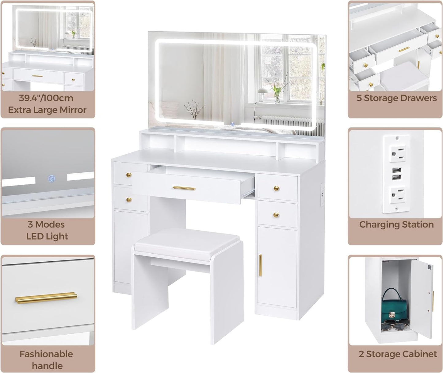 Makeup Vanity & Lighted Mirror, Vanity Desk with Power Strip, Adjustable Lighting, 4 Drawers, and Cushioned Stool for Bedroom, Dressing Room, Ivory