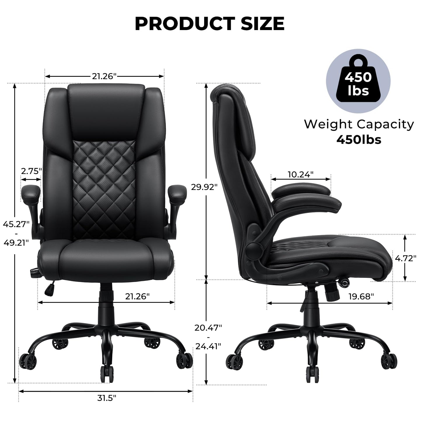 Big and Tall Office Chair 450lbs Heavy Duty Ergonomic Executive Desk Chair with Adjustable Lumbar Support High Back Home Computer Leather Chair with Padded Flip-up Arms for Heavy People Black