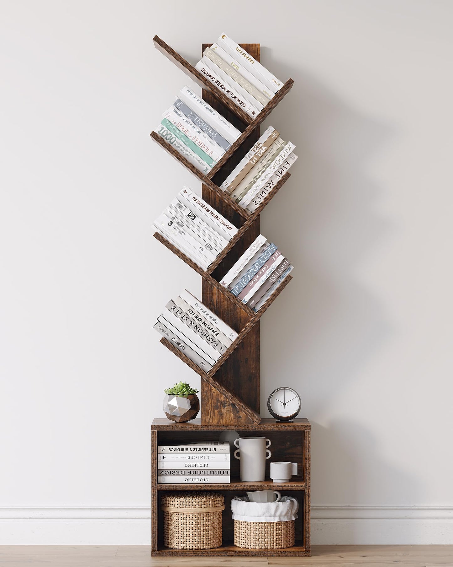 6 Tier Tree Bookshelf, Small Bookcase with Storage Cabinet, Modern Tall Narrow Bookshelves Organizer, Floor Standing Book Shelf for Bedroom/Living Room/Home Office/Corner, Rustic Brown