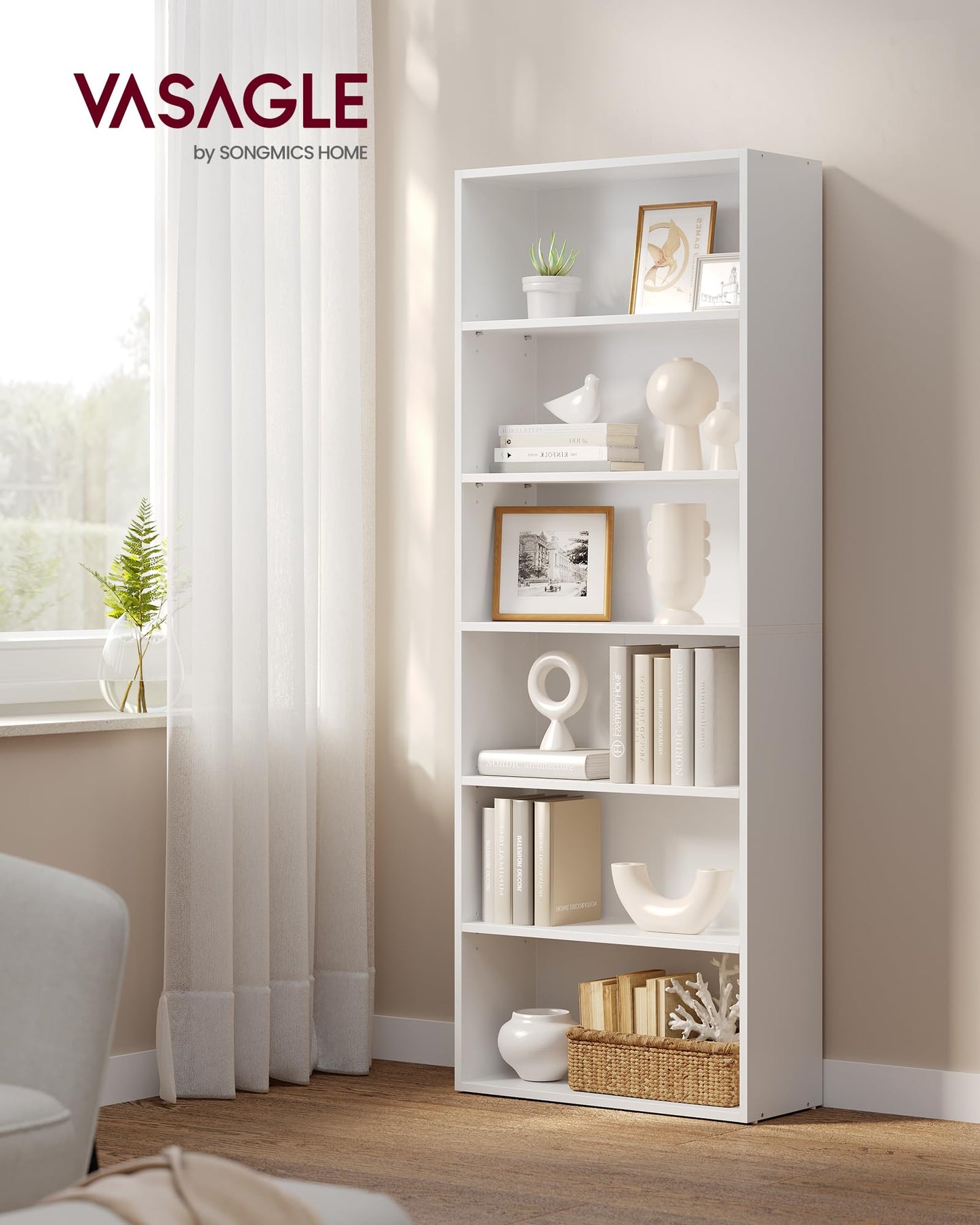 Bookshelf, 23.6 Inches Wide, 6-Tier Open Bookcase with Adjustable Storage Shelves, Floor Standing Unit, Cloud White