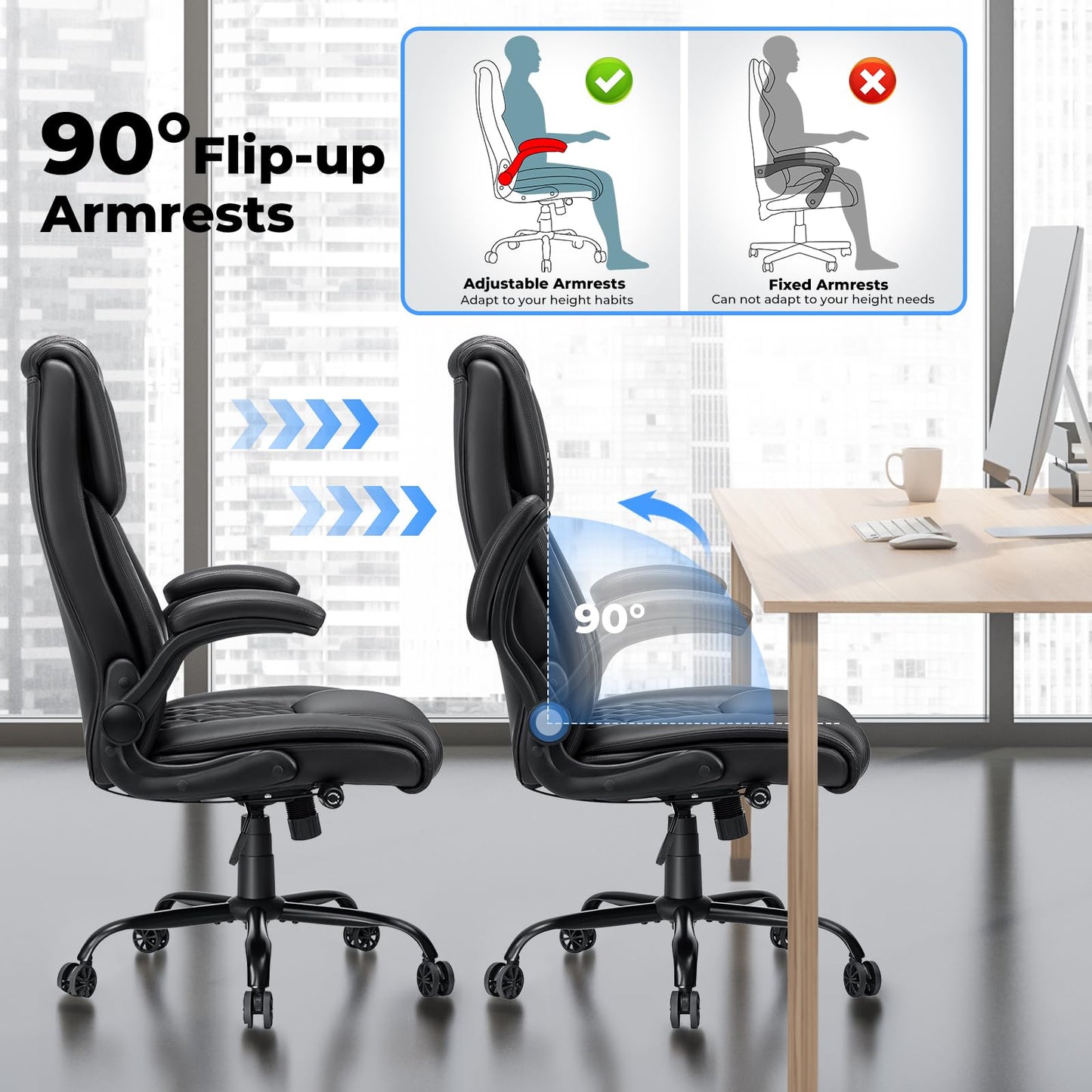 Big and Tall Office Chair 450lbs Heavy Duty Ergonomic Executive Desk Chair with Adjustable Lumbar Support High Back Home Computer Leather Chair with Padded Flip-up Arms for Heavy People Black