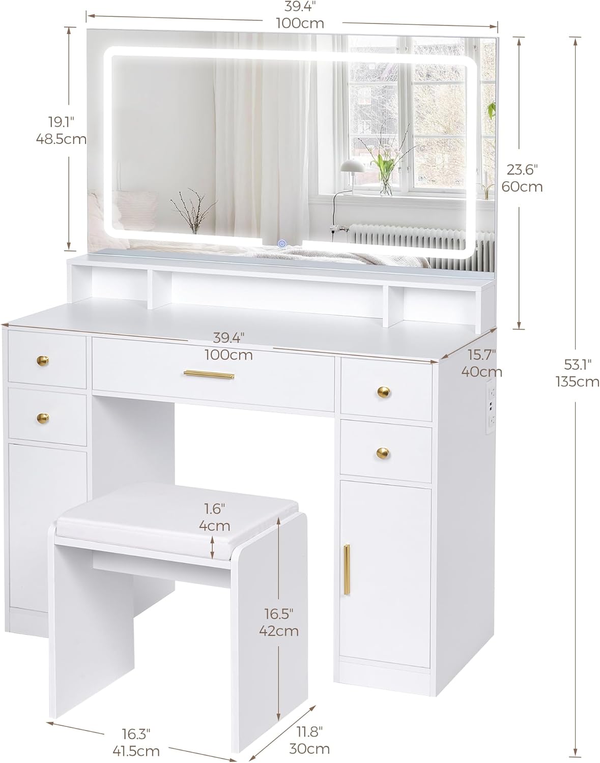 Makeup Vanity & Lighted Mirror, Vanity Desk with Power Strip, Adjustable Lighting, 4 Drawers, and Cushioned Stool for Bedroom, Dressing Room, Ivory