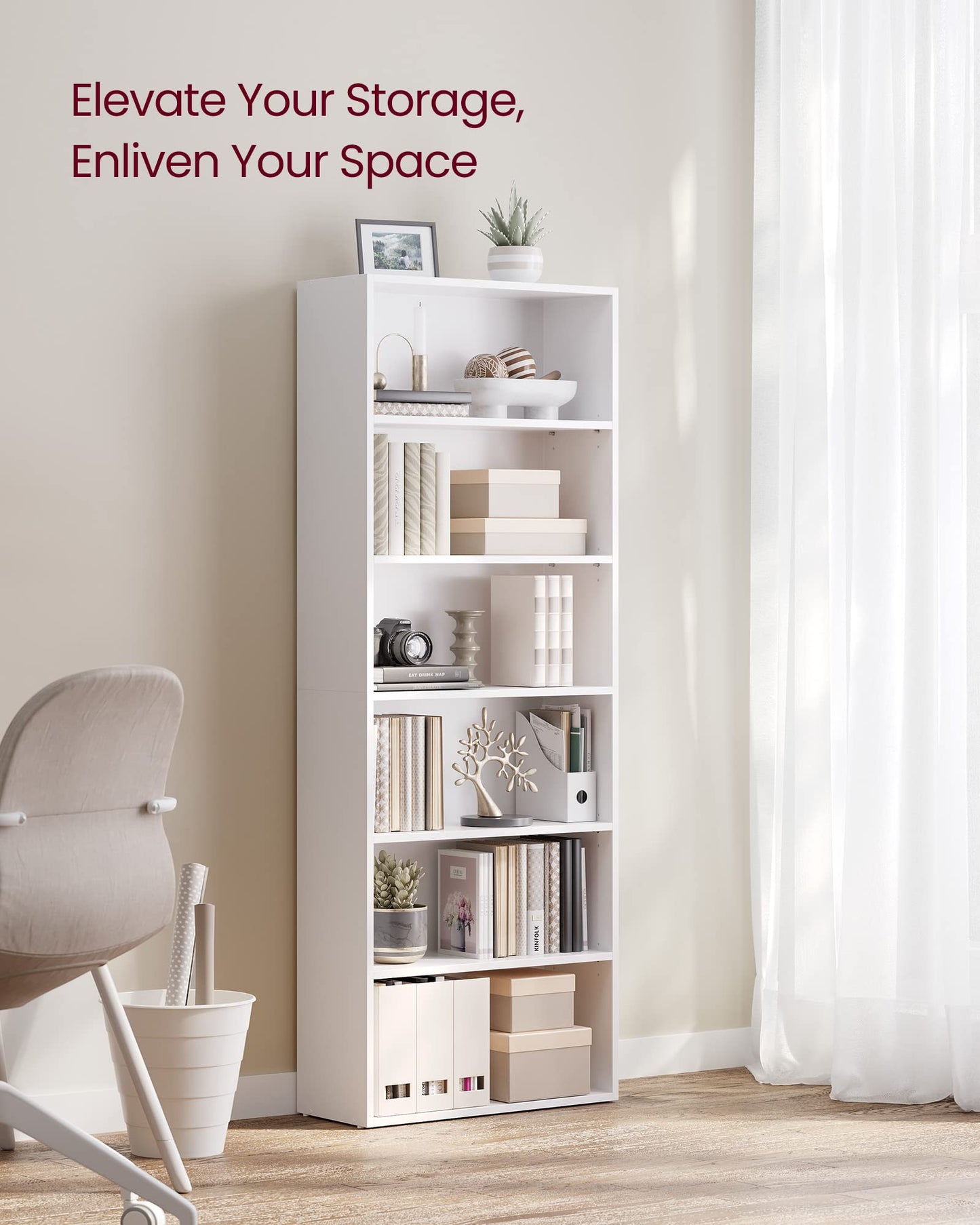 Bookshelf, 23.6 Inches Wide, 6-Tier Open Bookcase with Adjustable Storage Shelves, Floor Standing Unit, Cloud White