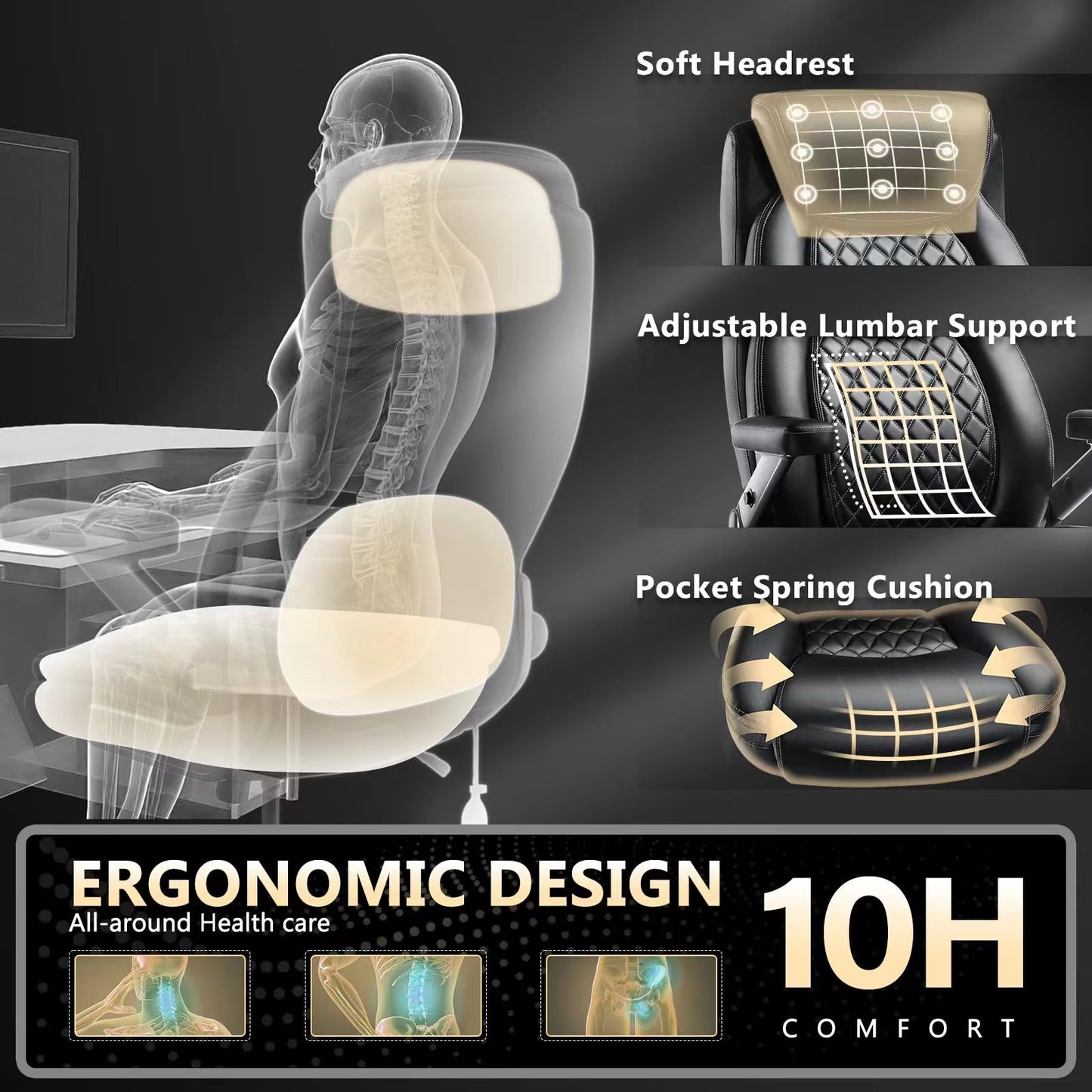 600LBS Large Heavy Duty Office Chair with 5D Flip Arms, Big and Tall Office Chair with Pocket Spring Cushion, Extra Wide Office Chair with Adjustable Lumbar Support,Dual Rubber Wheel