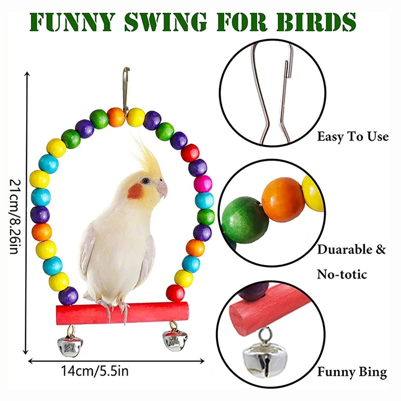 7pcs Pack Wood Parrot Toys Bird Toy Cage Bird Accessories Swing Suspension Bridge Ball Cage Bells Pet Supplies Set