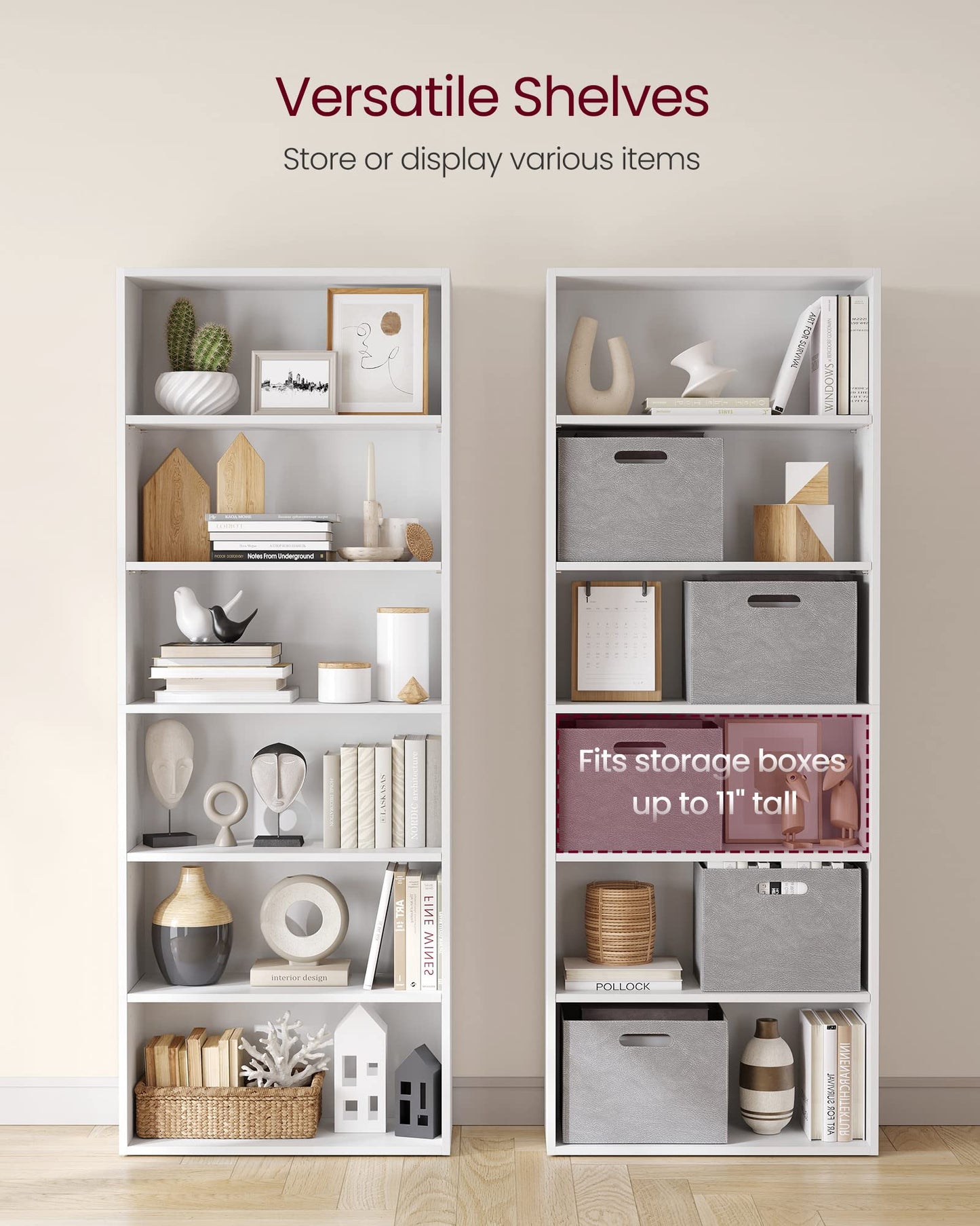 Bookshelf, 23.6 Inches Wide, 6-Tier Open Bookcase with Adjustable Storage Shelves, Floor Standing Unit, Cloud White