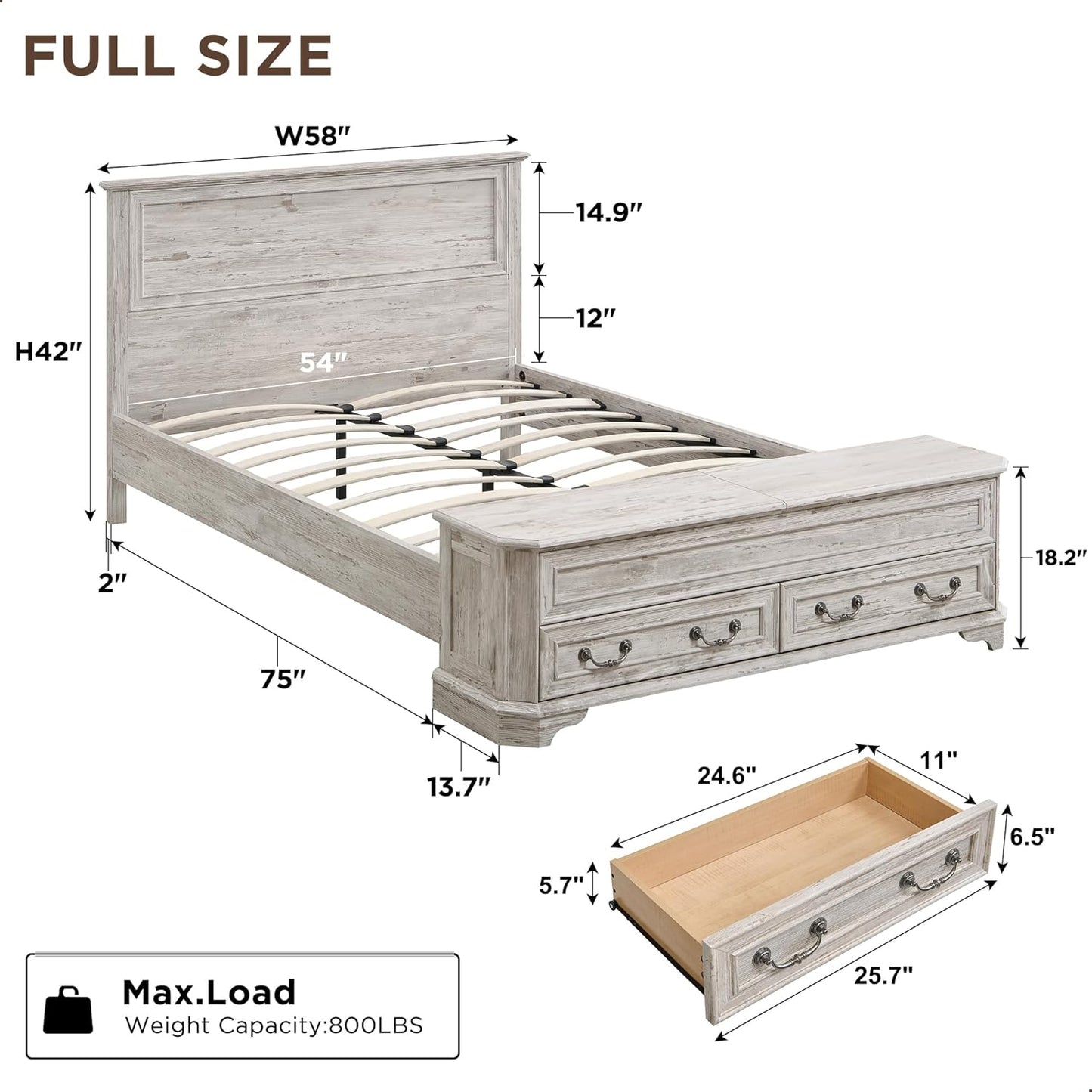 Full - Farmhouse Bed with Headboard and Storage Bench - Rustic Wood Platform Bed with 58" Storage Chest and 4 Large Drawers, Distressed White