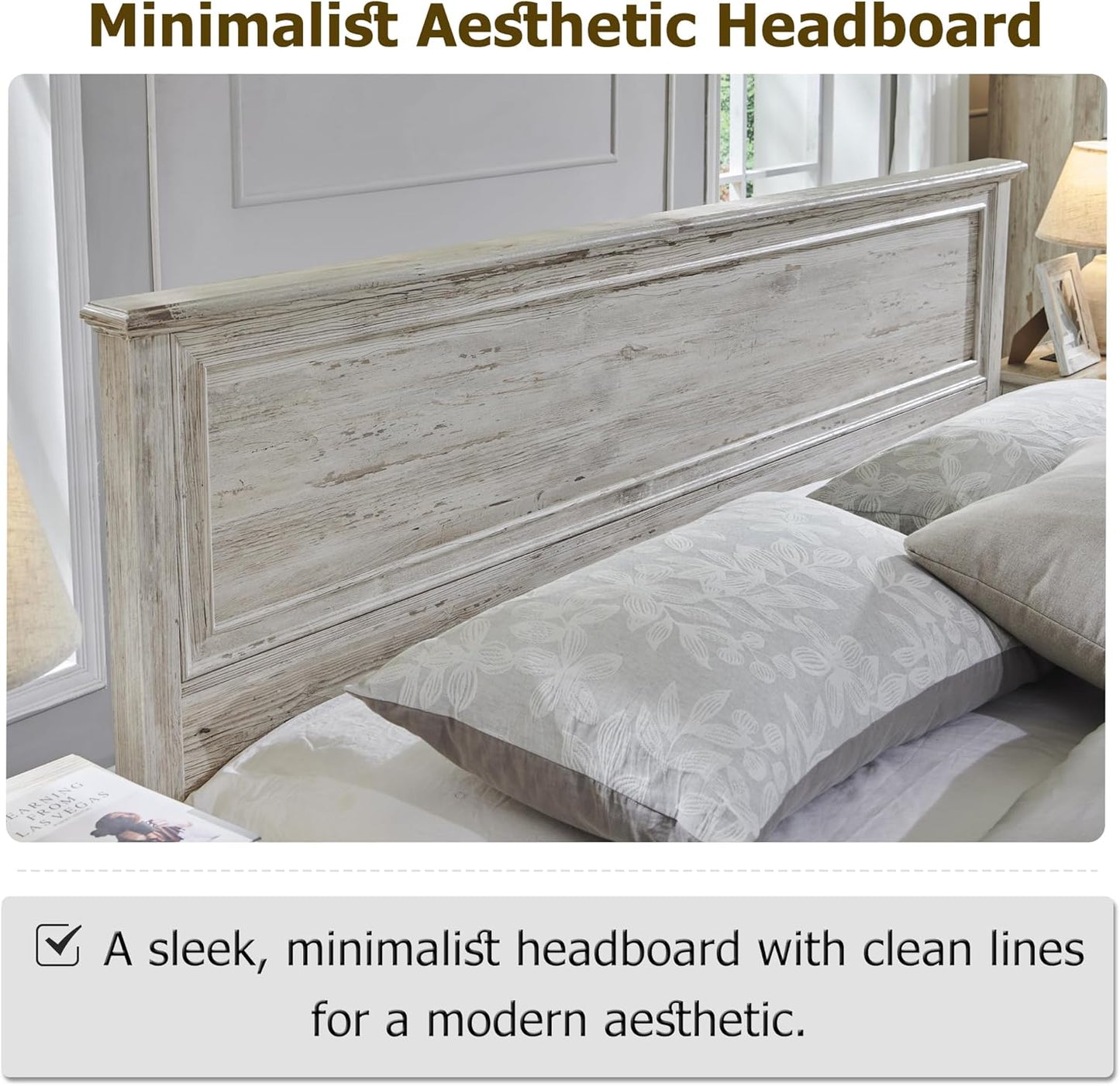 Full - Farmhouse Bed with Headboard and Storage Bench - Rustic Wood Platform Bed with 58" Storage Chest and 4 Large Drawers, Distressed White