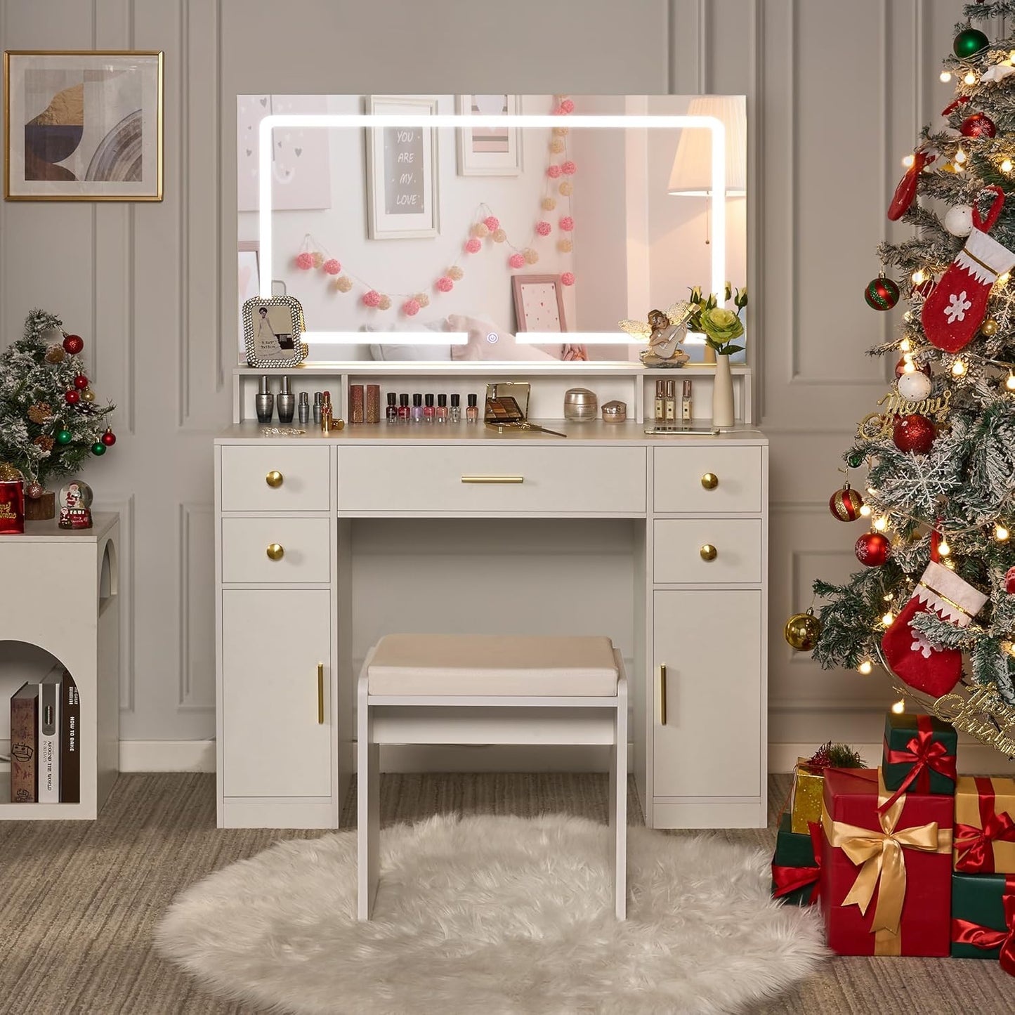 Makeup Vanity & Lighted Mirror, Vanity Desk with Power Strip, Adjustable Lighting, 4 Drawers, and Cushioned Stool for Bedroom, Dressing Room, Ivory
