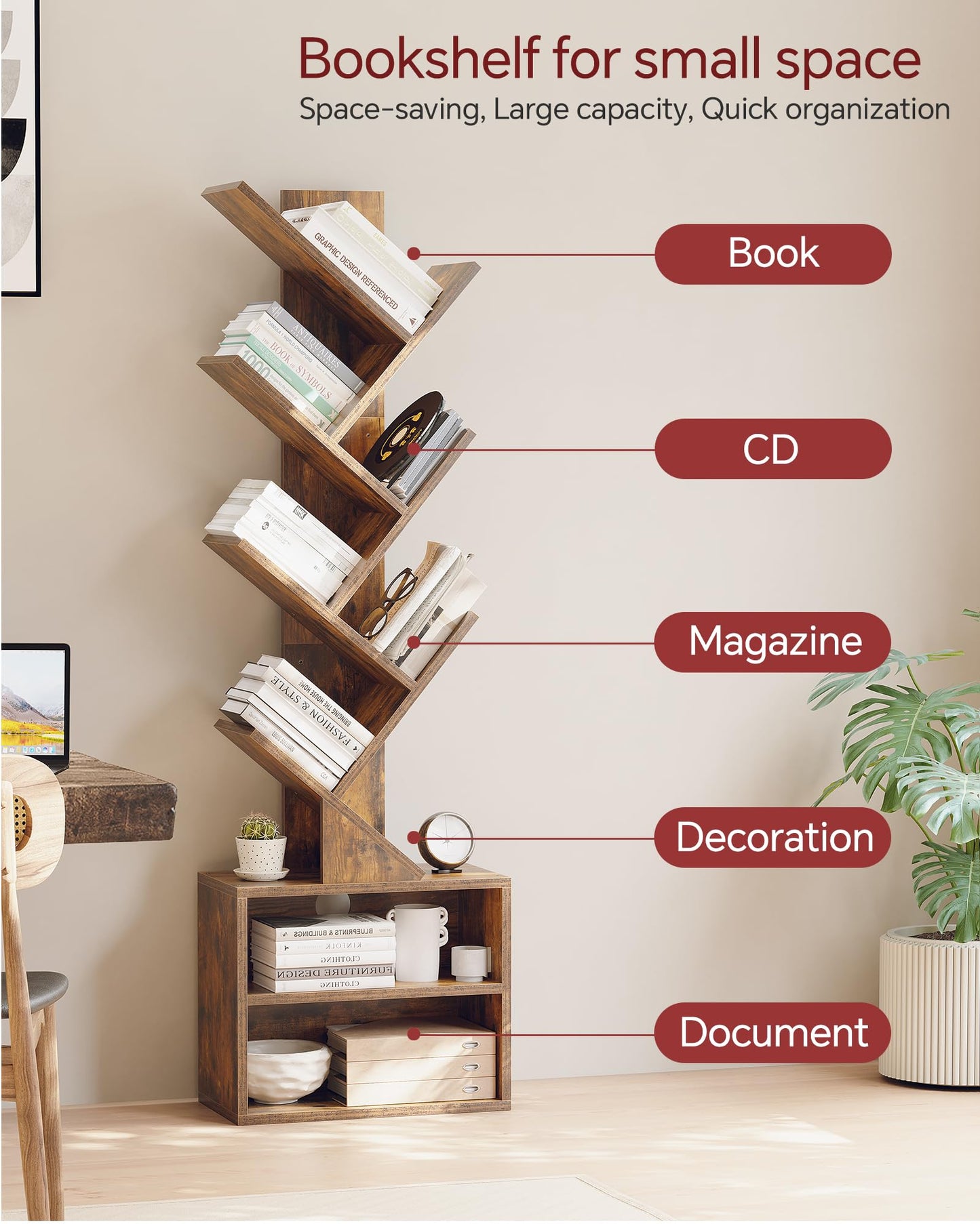 6 Tier Tree Bookshelf, Small Bookcase with Storage Cabinet, Modern Tall Narrow Bookshelves Organizer, Floor Standing Book Shelf for Bedroom/Living Room/Home Office/Corner, Rustic Brown