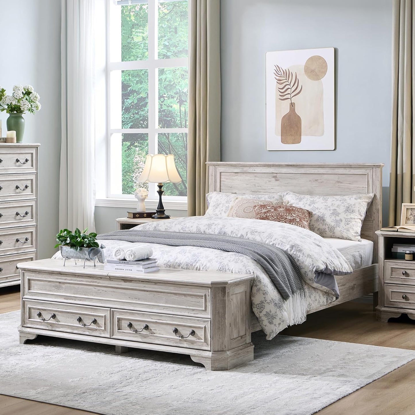 Full - Farmhouse Bed with Headboard and Storage Bench - Rustic Wood Platform Bed with 58" Storage Chest and 4 Large Drawers, Distressed White