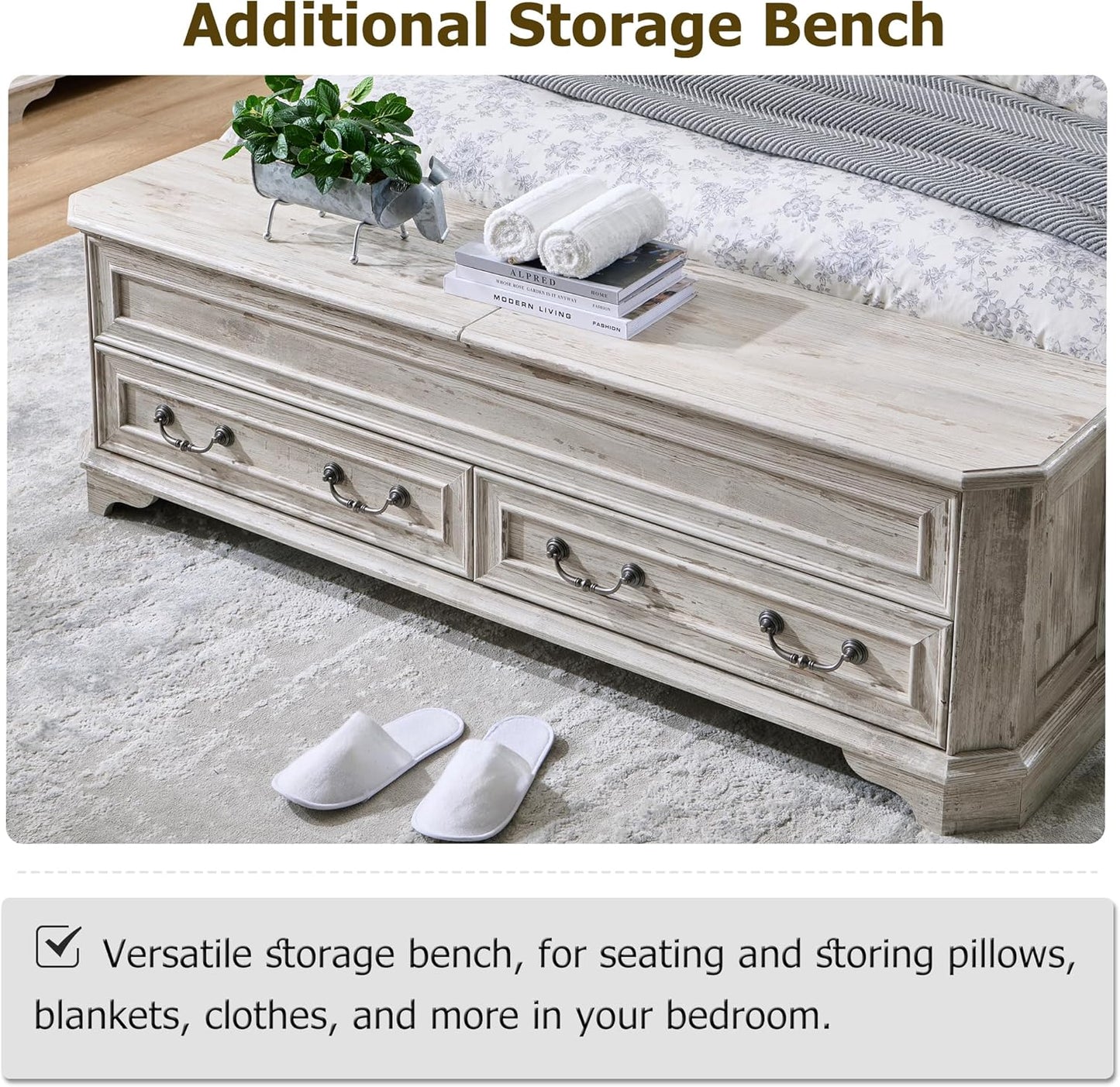 Full - Farmhouse Bed with Headboard and Storage Bench - Rustic Wood Platform Bed with 58" Storage Chest and 4 Large Drawers, Distressed White