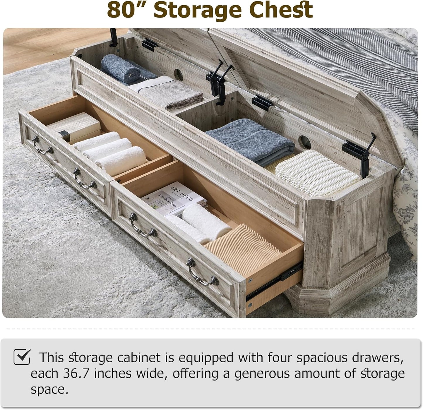 Full - Farmhouse Bed with Headboard and Storage Bench - Rustic Wood Platform Bed with 58" Storage Chest and 4 Large Drawers, Distressed White