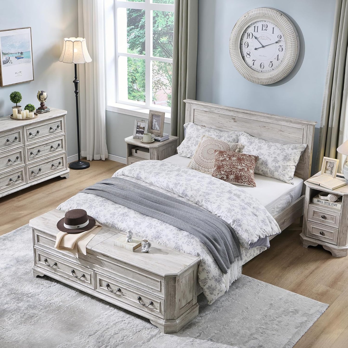 Full - Farmhouse Bed with Headboard and Storage Bench - Rustic Wood Platform Bed with 58" Storage Chest and 4 Large Drawers, Distressed White