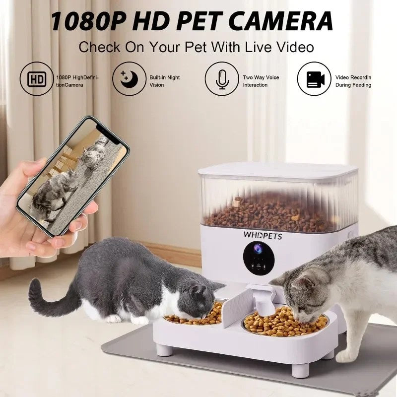 Automatic Cat Feeders, WHDPETS WiFi Cat Food Dispenser with 1080P Camera for 2 Cats & Dogs, 5L Pet Feeder with Feeding Mat