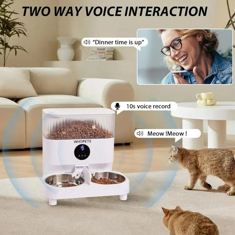 Automatic Cat Feeders, WHDPETS WiFi Cat Food Dispenser with 1080P Camera for 2 Cats & Dogs, 5L Pet Feeder with Feeding Mat
