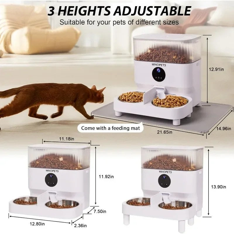 Automatic Cat Feeders, WHDPETS WiFi Cat Food Dispenser with 1080P Camera for 2 Cats & Dogs, 5L Pet Feeder with Feeding Mat