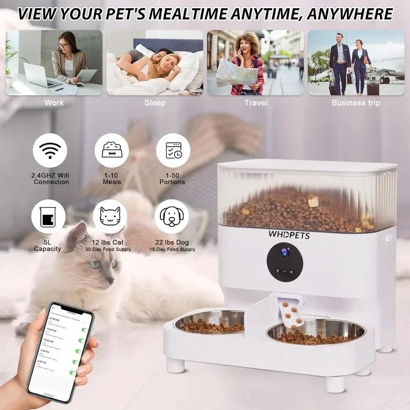 Automatic Cat Feeders, WHDPETS WiFi Cat Food Dispenser with 1080P Camera for 2 Cats & Dogs, 5L Pet Feeder with Feeding Mat
