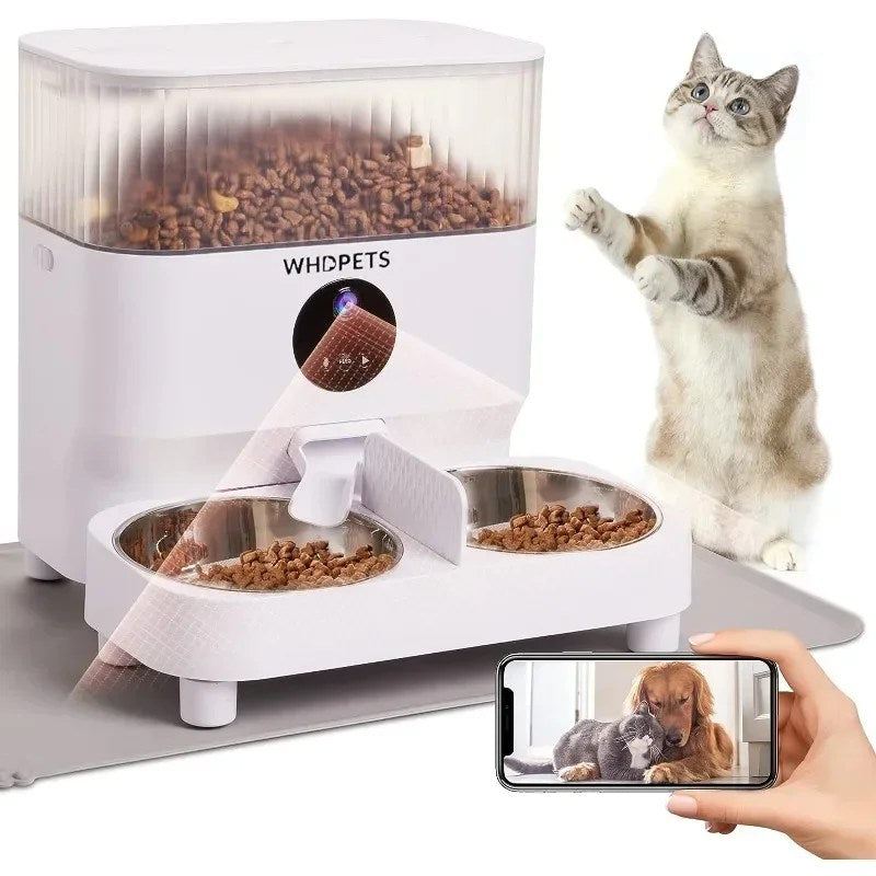Automatic Cat Feeders, WHDPETS WiFi Cat Food Dispenser with 1080P Camera for 2 Cats & Dogs, 5L Pet Feeder with Feeding Mat