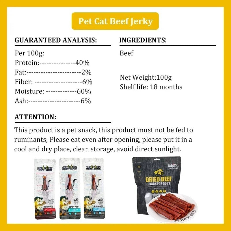 Cat Snacks Beef Jerky 100g Taurine Omega Balanced Delicious Healthy Kittens Sharpening Teeth Beef Strips Nutrition Pet Food