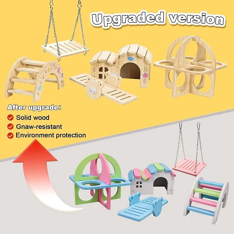 Pet Hamsters House DIY Wooden Gerbil Hideout Bridge Swing and Chinchilla Seesaw Pet Sport Exercise Toys Set Cage Accessories