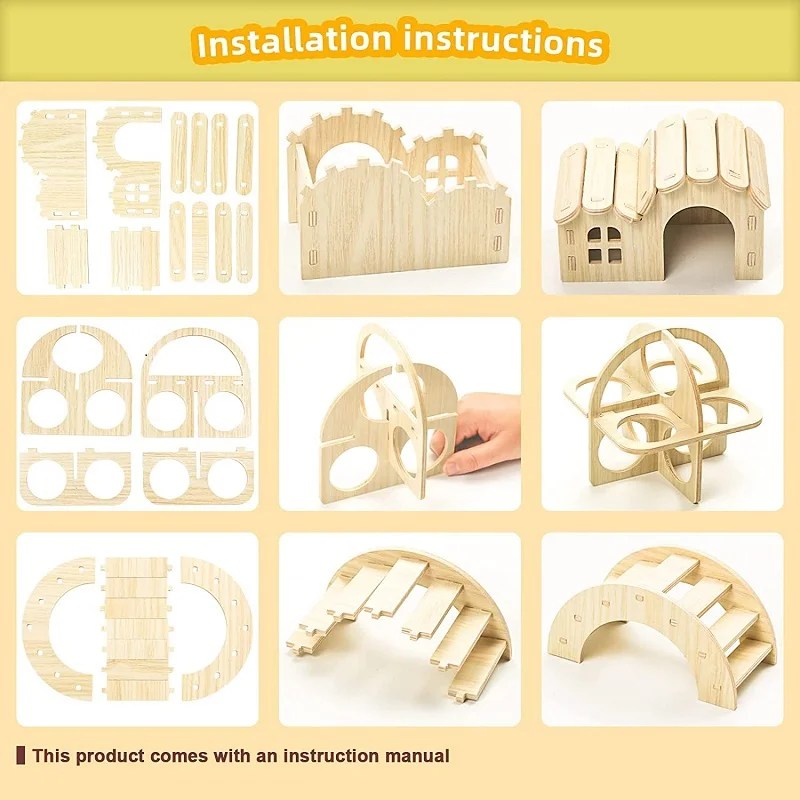 Pet Hamsters House DIY Wooden Gerbil Hideout Bridge Swing and Chinchilla Seesaw Pet Sport Exercise Toys Set Cage Accessories
