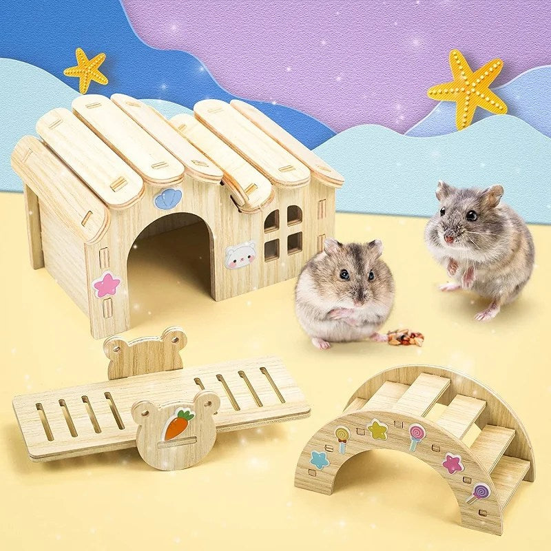 Pet Hamsters House DIY Wooden Gerbil Hideout Bridge Swing and Chinchilla Seesaw Pet Sport Exercise Toys Set Cage Accessories