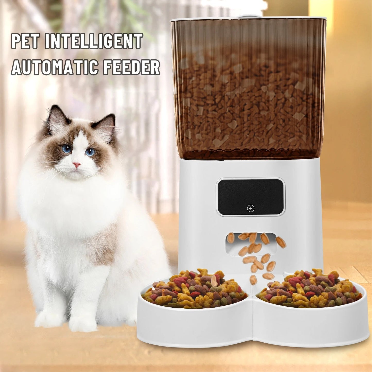Smart Pet Feeder with Dual Bowls, WiFi APP Remote Control 5L Transparent Storage Bucket Automatic Cat Food Dispenser