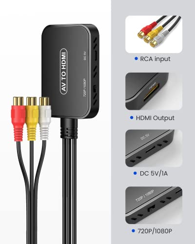 RCA to HDMI Converter,Viagkiki AV to HDMI Adapter,RCA to HDMI Composite Audio Video Converter for PS1, PS2, PS3, STB, Xbox, VHS, VCR,Black-Ray DVD Players(HDMI Cable Included)