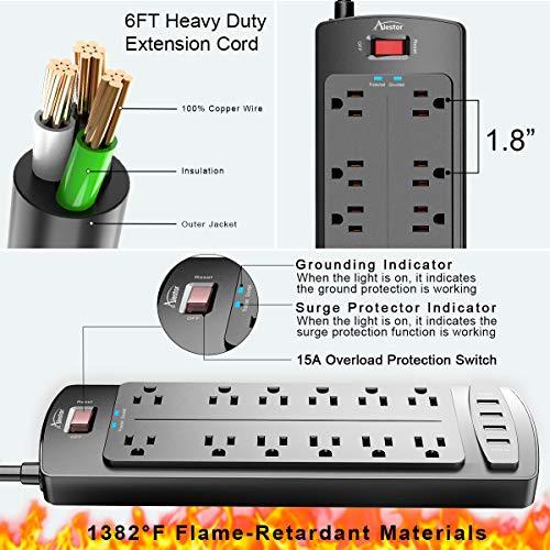 Power Strip, ALESTOR Surge Protector with 12 Outlets and 4 USB Ports, 6 Feet Extension Cord (1875W/15A), 2700 Joules, ETL Listed, Black - GEAR4EVER
