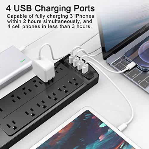Power Strip, ALESTOR Surge Protector with 12 Outlets and 4 USB Ports, 6 Feet Extension Cord (1875W/15A), 2700 Joules, ETL Listed, Black - GEAR4EVER