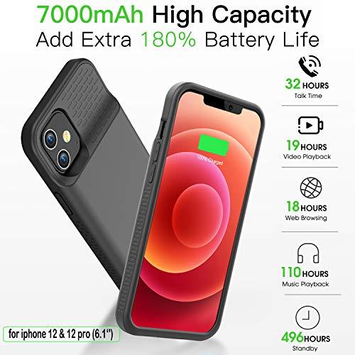 GIN FOXI Battery Case for iPhone 12/12Pro, Real 7000mAh Ultra-Slim Battery Charging Case Rechargeable Anti-Fall Protection Extended Charger Cover for iPhone 12Pro/12 Battery Case(6.1 inch) Black - GEAR4EVER