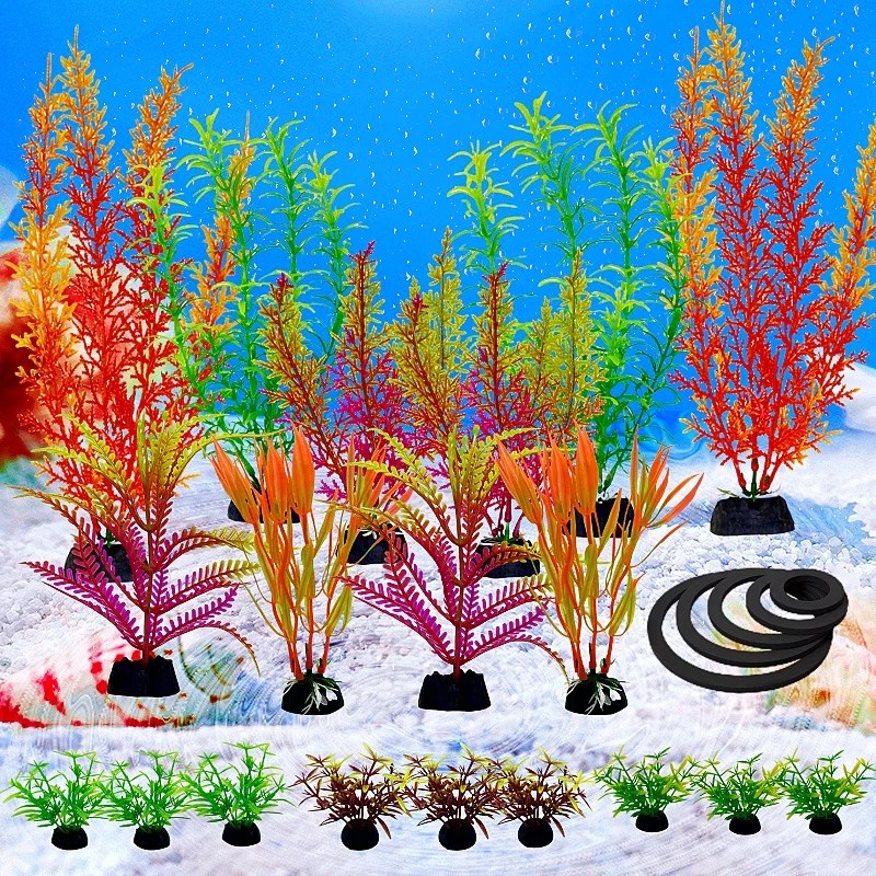 24PC Artificial Aquarium Decor Plants Water Weeds Ornament Aquatic Plant Grass Blocking Rings Set Fish Tank Grass Decoration